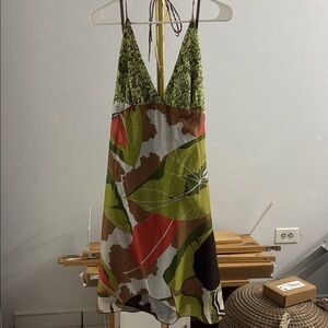 Vintage Halter Colorful Sleeveless Dress with Leaf Pattern